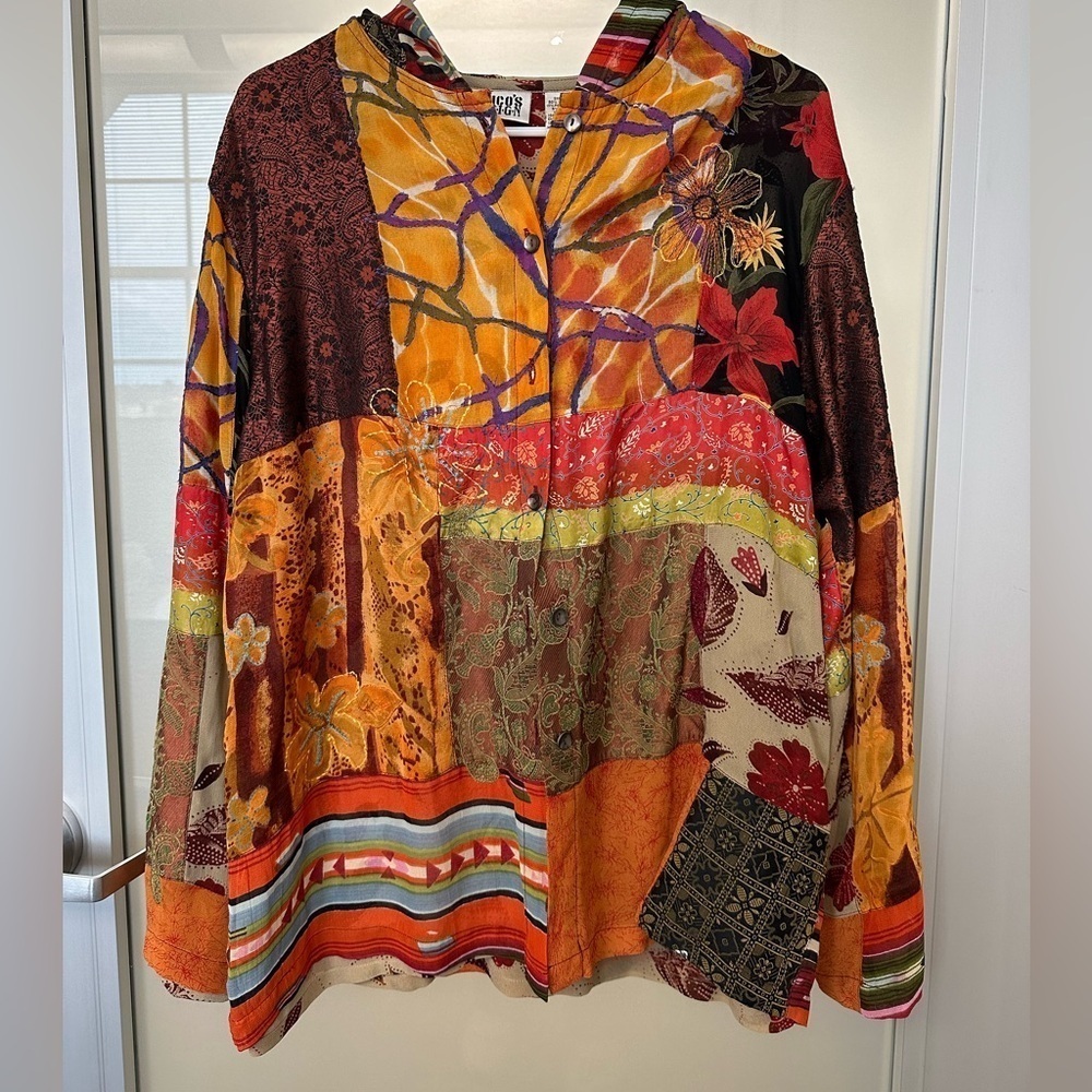 Chico's Design Patchwork Hooded Colorful Floral Print Jacket Size L Silk Blend